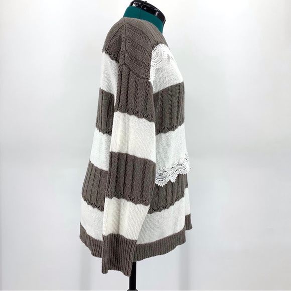 MISSLOOK Taupe and Cream Striped Long Sleeve Sweater with Lace Accents, Medium - Picture 10 of 15